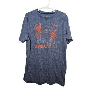 Boy's Under Armour T-Shirt Medium Loose Fit Logo Shirt Blue Heathered Heat Gear